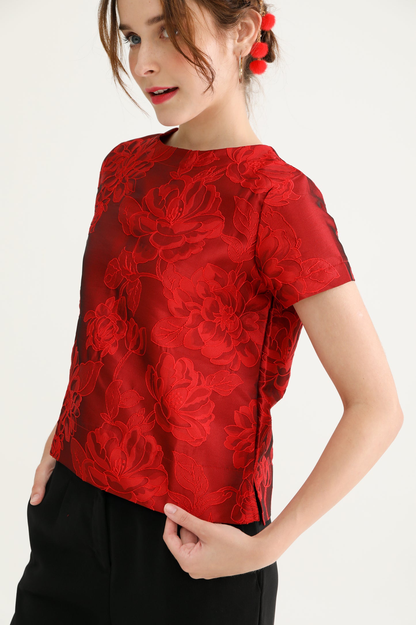 Emboss Red Festive Blouse