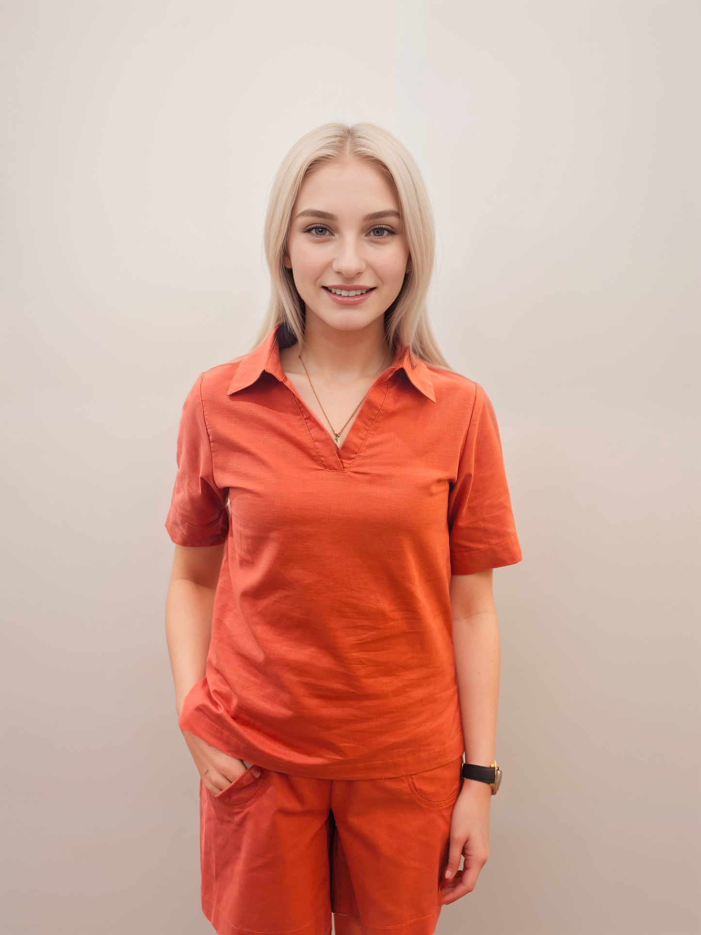 Salmon Collar Short Sleeved Blouse (Copy)