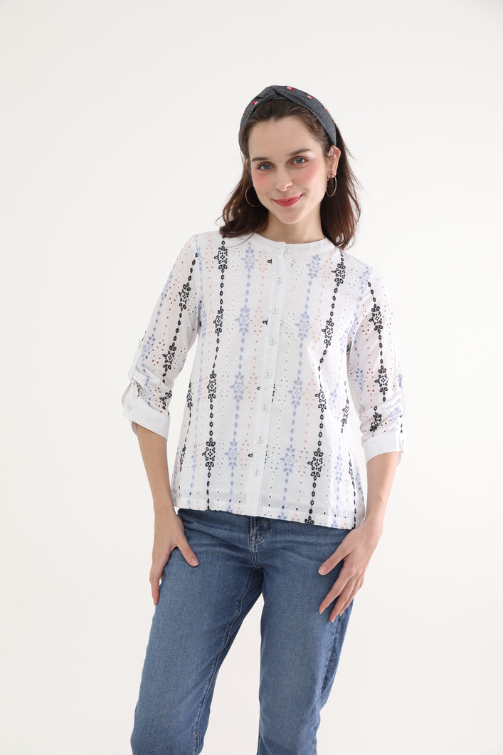 Blue White Eyelets Women Shirt