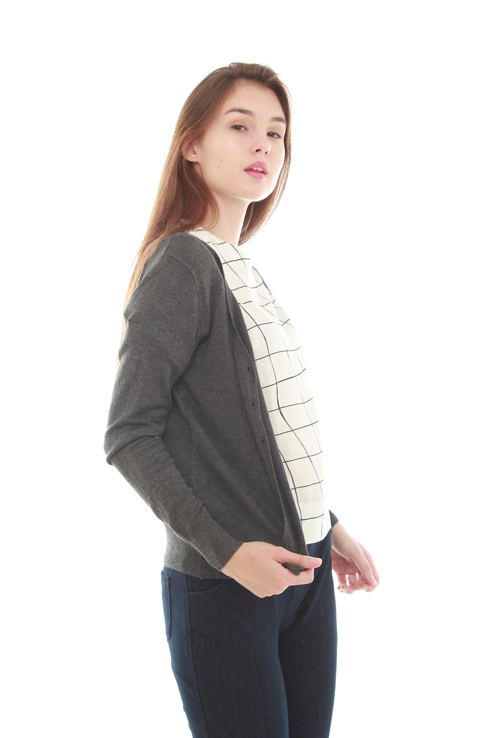 women grey cardigan sweater